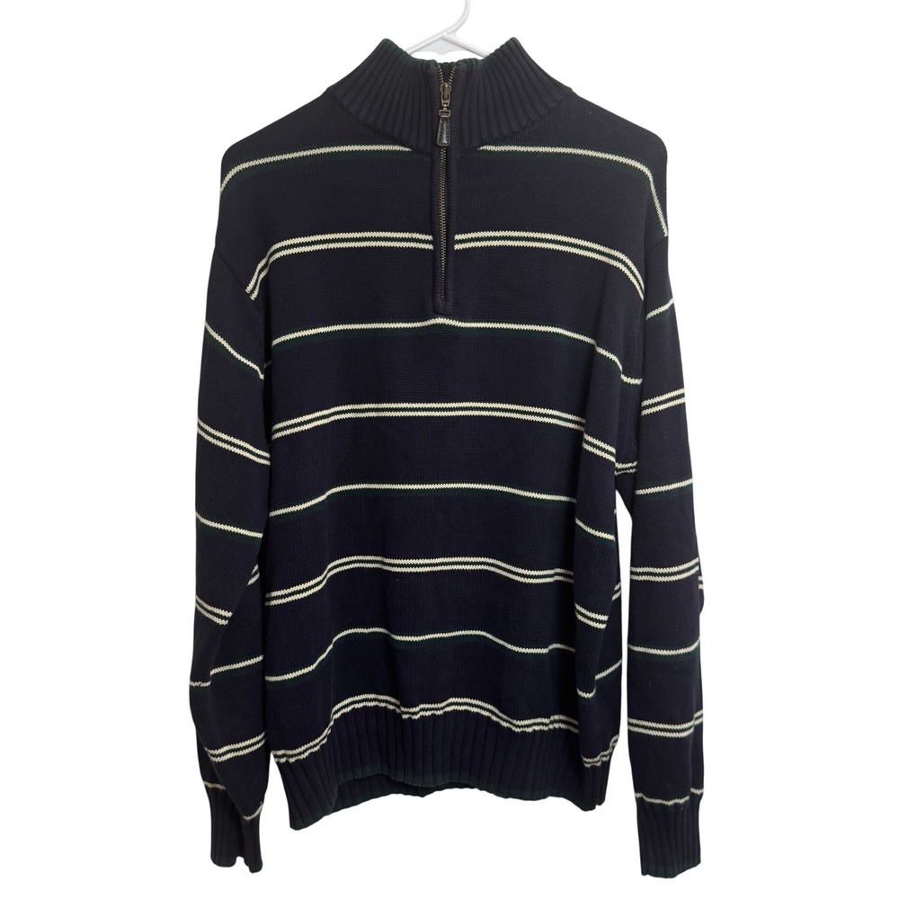 T. Harris London Mens Large Navy Blue Striped 100% Cotton Quarter Zip Sweater
